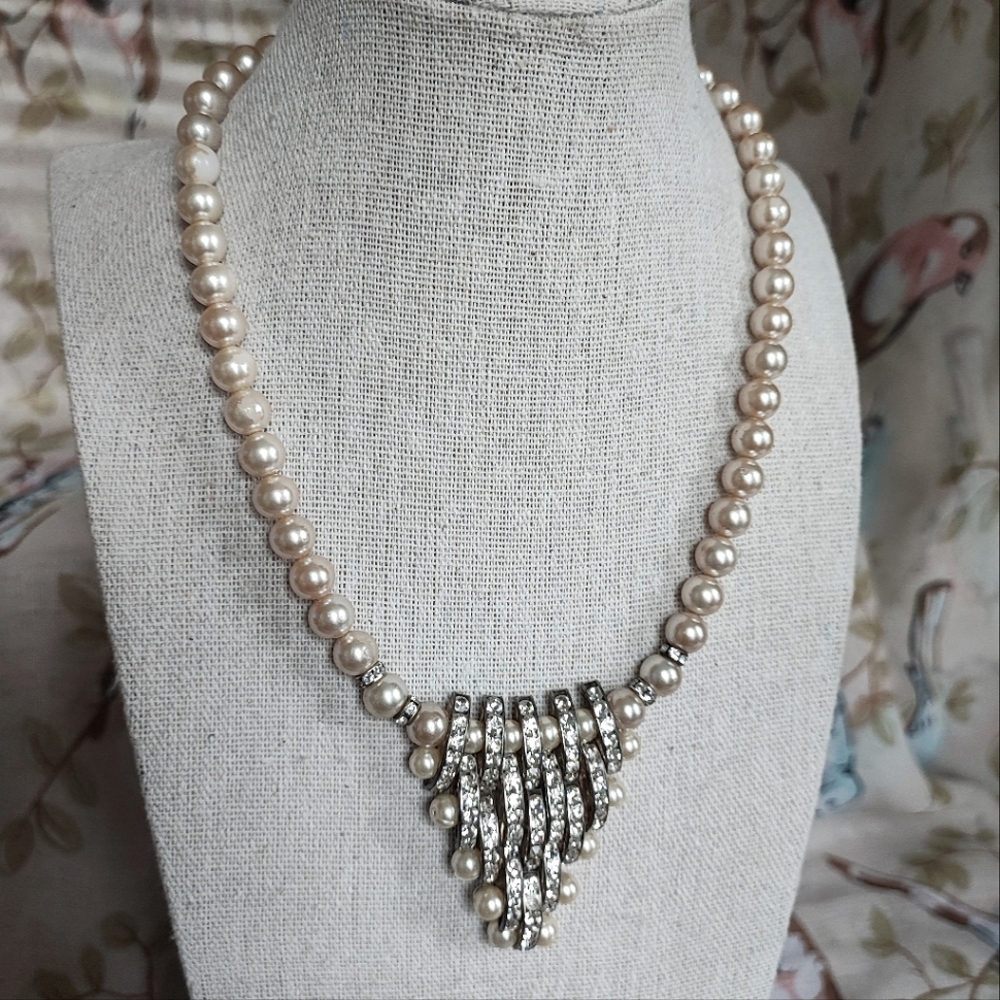 Cascading Silver Tone Faux Pearls & Clear Rhinestone Vintage Necklace Verdigris